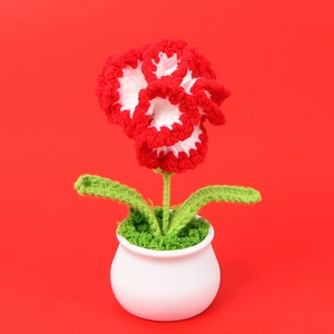 Close-up of handmade crochet carnation in white pot against a solid red background
