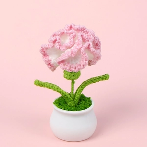 Handmade crochet pink carnation in white ceramic pot for home decor and gifts
