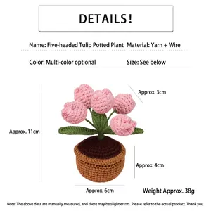 Handmade crochet pink tulip flower pot desk ornament with knit yarn and five flower heads