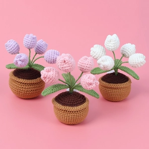 Handmade Crochet Tulip Potted Flower With LED Night Light Knitted Artificial Plant Desktop Ornament Mothers Day Gift