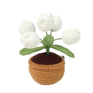 Handmade crochet white tulip potted plant with night light for desktop home decoration