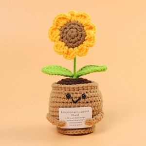 Handmade crochet sunflower potted plant with emotional support message and smile face