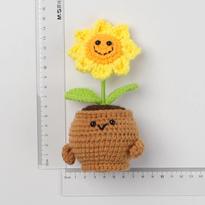 Handmade crochet sunflower potted plant in a smiling pot, 15.5cm tall decorative gift