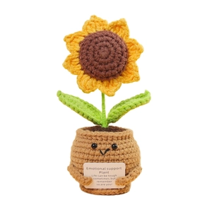 Handmade crocheted sunflower potted plant with emotional support card on white background