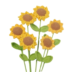 Set of 6 handmade crochet sunflowers with yellow petals and green leaves for home decor