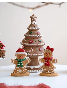 Detail of resin gingerbread man and Christmas tree ornaments with festive icing texture