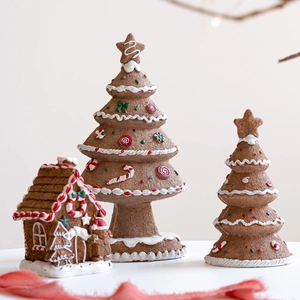 Gingerbread Christmas tree and house figurines with festive candy cane resin details