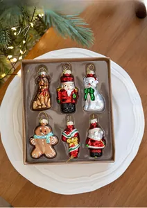 6-piece glass Christmas ornaments set with nutcracker and santa in premium gift box
