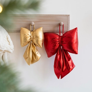 Metallic Fabric Christmas Bow Ornaments Festive Hanging Decorations For Holiday Party Tree Home Decor Gold Silver Red