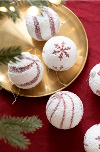 Detail of red and white 8cm Christmas foam balls with snowflake patterns and silver strings
