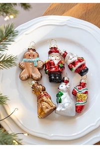 Set of 6 festive hand-blown glass Christmas ornaments in a white decorative tray