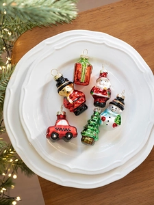 Set of 6 handcrafted glass Christmas ornaments with Santa, snowman and festive shapes