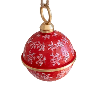 Red Christmas iron bell ornament with white snowflakes and rustic jute rope hanging