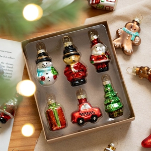 6-piece glass Christmas ornament set featuring Santa, snowman, and tree in a festive box