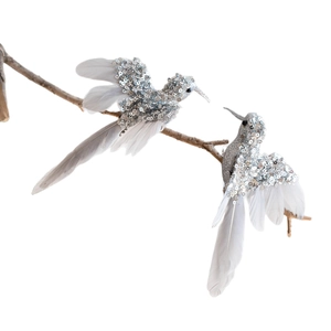 Lot de deux colibris argentés scintillants avec plumes blanches pour sapin de Noël