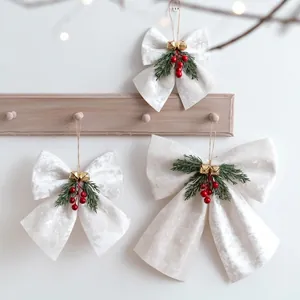 Christmas Flannel Velvet Bow Hanging Ornament With Metal Bell Red Berries Pine For Christmas Tree Decor Festive Home Scene Layout