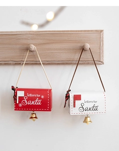 Red and white wooden Christmas mailbox ornaments with letters for Santa and golden bells