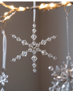 Macro shot of an acrylic snowflake ornament with transparent faceted beads for Christmas trees