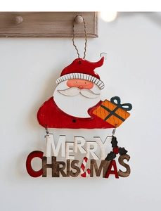 Détail de suspension de porte en bois Joyeux Noël avec Père Noël peint et cordelette