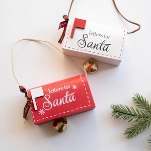 Christmas wooden Santa mailbox ornaments in red and white with bells and bows