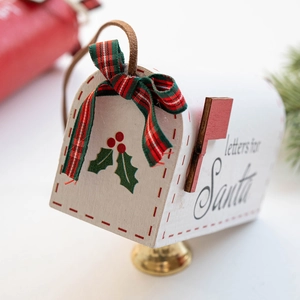 White wooden Christmas mailbox ornament with Letters for Santa text and a leather strap