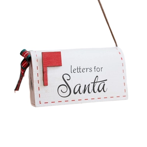 White wooden letters for Santa mailbox ornament with red plaid bow for Christmas tree