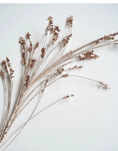 Detailaufnahme von champagnerfarbenen Glitzerzweigen für Weihnachtsbaum und DIY-Sträuße