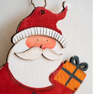 Décoration murale 3D en bois faite main représentant le Père Noël avec un sac cadeau