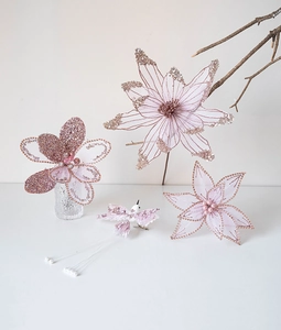 Pink Christmas floral decorations with gold glitter mesh and pearl center for holiday trees