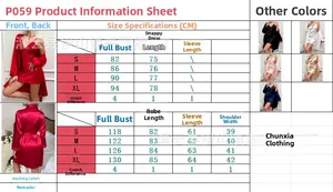 Size chart for women's satin lace slip dress and robe set with detailed measurements