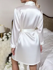 Elegant white satin robe featuring smooth texture and back tie detail for a silky look