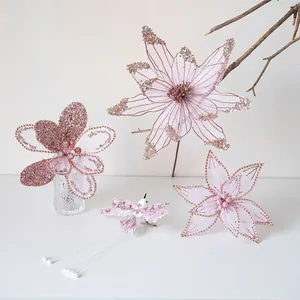 Elegant pink mesh Christmas flower set with glitter bird ornaments for holiday decor