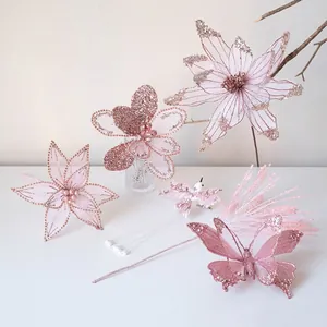 Pink Christmas floral decor set with mesh sequins flowers and glitter butterfly ornaments