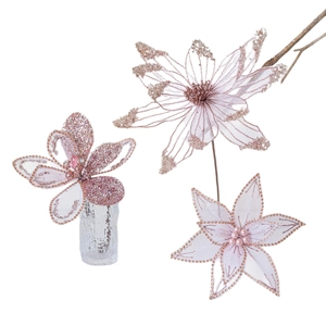 Three-piece set of premium pink mesh Christmas flowers with glitter for tree decoration