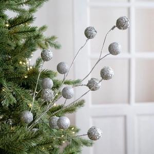 Sparkling silver glitter berry stem decoration for festive Christmas tree ornament display