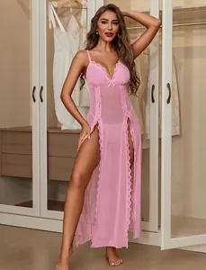 Detail of pink mesh nightgown featuring delicate lace trim and high side slit design