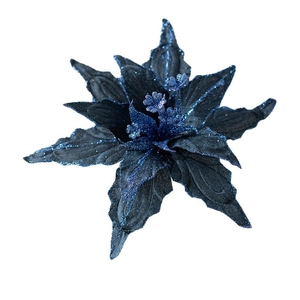 Fleur de poinsettia artificielle en velours bleu foncé 28cm avec paillettes brillantes