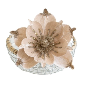 Magnolia en velours champagne de 28cm avec paillettes dorées pour décor de Noël chic