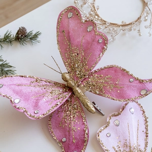 Pale pink fabric butterfly with gold glitter and crystals for Christmas tree decoration