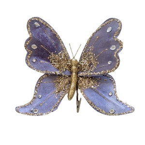 Lilac velvet butterfly with gold glitter and sequins for Christmas tree decoration