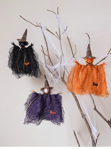 Hanging Halloween ghosts with witch hats, pumpkins and black cats on spider web