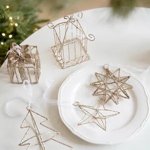 Ornements Suspendus de Noël en Fer à Paillettes Dorées Étoile Sapin Boîte Cadeau Nichoir Décorations de Sapin de Noël