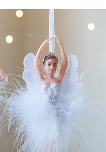 Detailed view of ballet girl Christmas ornament with soft white feathers and wings