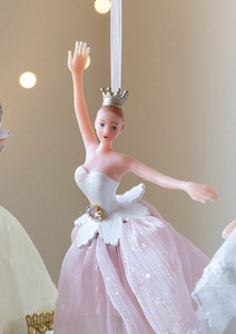 Detail of elegant ballet dancer ornament with pink tulle skirt and silver crown