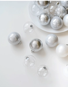 Detail of silver Christmas baubles set with glitter, matte, and clear textures