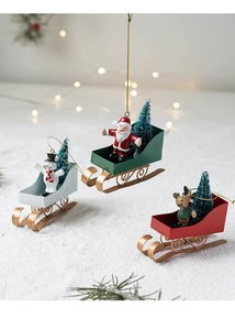 Three creative metal sleigh ornaments with Santa Claus, Snowman and Reindeer on a gold frame