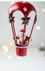 Detail of red Christmas hot air balloon hanging ornament with Santa Claus figure