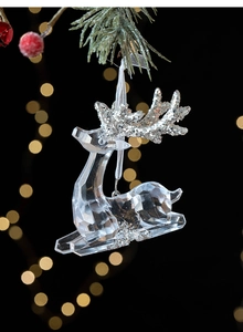 Sparkling silver glitter reindeer ornament made of faceted clear acrylic for Christmas trees