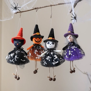 Halloween Pumpkin Ghost Witch Black Cat Hanging Doll Pendant With Bell Felt Mesh Ornament For Party Home Decor Gift