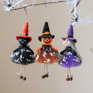Halloween hanging dolls set featuring pumpkin, ghost, and witch with silver mesh skirts